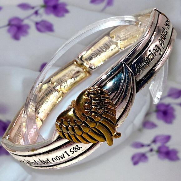 NWOT! Two-Tone Angel Wing Amazing Grace Prayer Stretch 2 5/8" Bracelet! - Picture 1 of 8